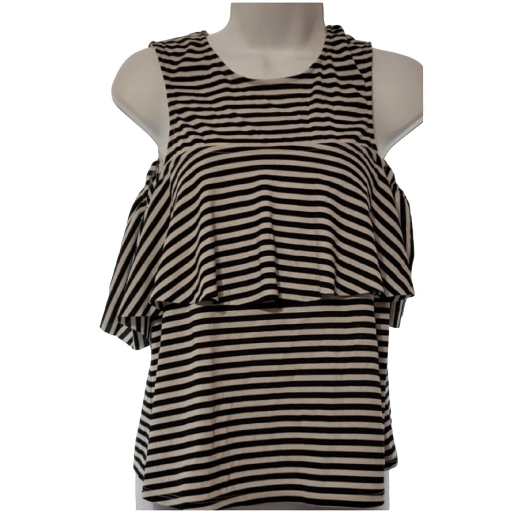 Zara White Black Striped Ruffle Cold Shoulder Blouse Small